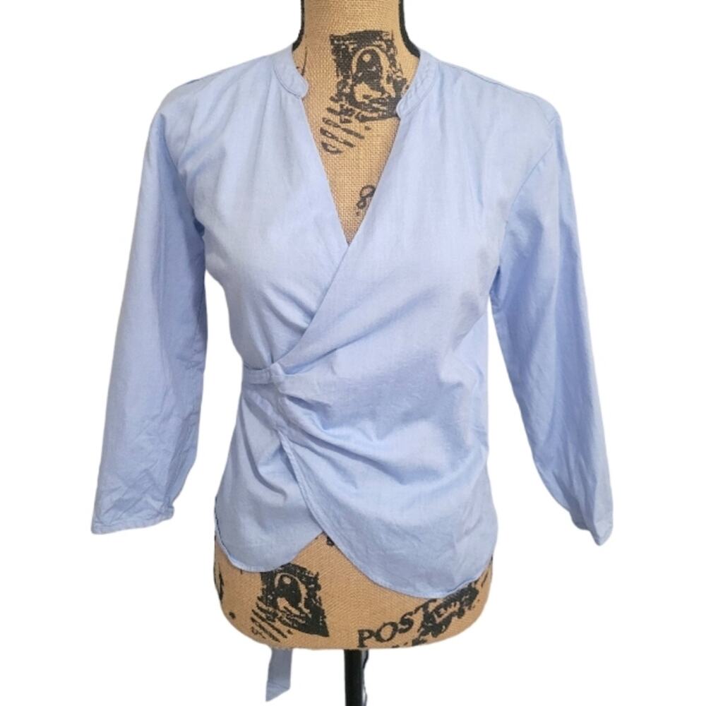 XS Petite J. Crew blue wrap blouse with bow back